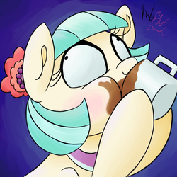 Size: 1024x1024 | Tagged: safe, artist:aquaticsun, artist:mane6swag, coco pommel, earth pony, pony, g4, chocolate, collaboration, dark blue background, derp, drinking, female, food, hot chocolate, looking up, mare, mug, solo, wide eyes