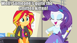 Size: 960x540 | Tagged: safe, edit, edited screencap, screencap, rarity, sunset shimmer, equestria girls, g4, my little pony equestria girls: rainbow rocks, image macro, meme