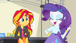 Size: 1440x810 | Tagged: safe, screencap, rarity, sunset shimmer, equestria girls, g4, my little pony equestria girls: rainbow rocks