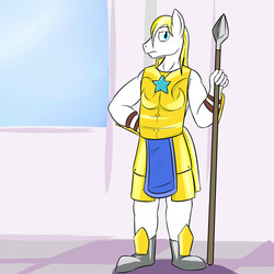 Size: 1280x1280 | Tagged: safe, artist:fuzebox, oc, oc only, oc:cloud skipper, anthro, plantigrade anthro, anthro oc, armor, blonde, boot, canterlot, guard, male, royal guard, solo, spear