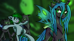 Size: 1920x1080 | Tagged: dead source, safe, artist:darrianmh, queen chrysalis, oc, changeling, changeling queen, g4, changeling feeding, changeling hive, female, kitchen eyes, prisoner, smiling