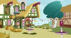 Size: 2035x1080 | Tagged: safe, artist:archive-alicorn, g4, background, building, crane, hay bale, no pony, scenery, show accurate, table, tree