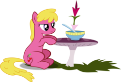 Size: 6000x4078 | Tagged: safe, artist:archive-alicorn, cherry berry, earth pony, pony, g4, too many pinkie pies, absurd resolution, annoyed, bowl, female, flower, frown, grumpy, simple background, sitting, solo, transparent background, vector