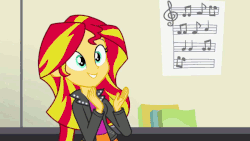 Size: 800x450 | Tagged: safe, screencap, sunset shimmer, equestria girls, g4, my little pony equestria girls: rainbow rocks, animated, clapping, cute, female, loop, sheet music, shimmerbetes, smiling, when she smiles