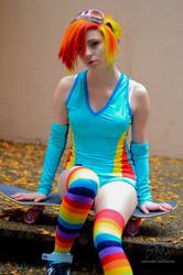 Size: 1357x2048 | Tagged: safe, artist:stunnerstatus, rainbow dash, human, g4, clothes, cosplay, goggles, irl, irl human, photo, rainbow socks, skateboard, socks, striped socks