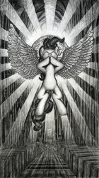 Size: 2772x4945 | Tagged: safe, artist:gezawatt, pinkie pie, angel, g4, christianity, church, eyes closed, feather, female, floating, flying, god, grayscale, indoors, letter, light, monochrome, religion, saint, solo, symbols, temple, window, wings