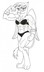 Size: 781x1280 | Tagged: safe, artist:advanceddefense, gilda, griffon, anthro, g4, abs, bicep, bikini, black and white, clothes, female, fetish, flexing, grayscale, muscle fetish, muscles, pose, rippda, solo, swimsuit, traditional art