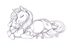 Size: 1128x787 | Tagged: safe, artist:carnivorouscaribou, rarity, spike, g4, female, male, monochrome, ship:sparity, shipping, sketch, snuggling, spikelove, straight, traditional art