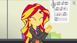 Size: 1136x640 | Tagged: safe, screencap, sunset shimmer, equestria girls, g4, my little pony equestria girls: rainbow rocks, clapping, cute, female, sheet music, shimmerbetes, smiling, solo, when she smiles