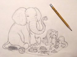 Size: 1039x769 | Tagged: safe, artist:thefriendlyelephant, fluttershy, oc, oc:obi, elephant, g4, apple, bucket, cake, carrot, cute, duo, hay, picnic, picnic basket, picnic blanket, sandwich, size difference, sketch, tea, tea kettle, teacup, traditional art, water, wip