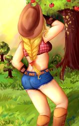 Size: 1024x1624 | Tagged: safe, artist:cosmicponye, applejack, human, g4, adorasexy, ass, butt, clothes, cute, daisy dukes, female, humanized, midriff, rear view, sexy, solo, sweet apple acres