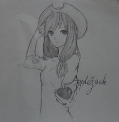 Size: 1024x1046 | Tagged: safe, artist:lemoncocktail, applejack, human, g4, female, grayscale, humanized, monochrome, solo