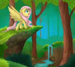 Size: 2600x2300 | Tagged: safe, artist:meotashie, fluttershy, pegasus, pony, g4, female, forest, high res, mare, open mouth, profile, river, solo, spread wings, wings
