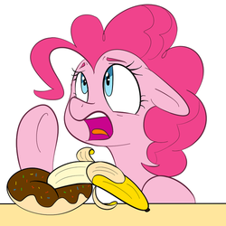 Size: 500x500 | Tagged: safe, artist:khorme, pinkie pie, g4, banana, confused, donut, double entendre, female, looking up, open mouth, solo, tumblr, underhoof