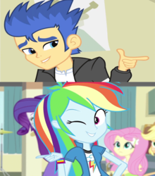 Size: 952x1080 | Tagged: safe, screencap, applejack, flash sentry, fluttershy, rainbow dash, rarity, equestria girls, g4, my little pony equestria girls: rainbow rocks, out of context, wink