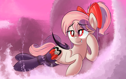 Size: 1440x900 | Tagged: safe, artist:january3rd, oc, oc only, oc:sweet velvet, bat pony, pony, belly button, bow, clothes, prone, solo, stockings