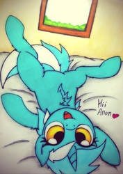 Size: 1406x1986 | Tagged: safe, artist:canvymamamoo, lyra heartstrings, pony, unicorn, bed, chest fluff, cute, female, heart, looking at you, lying down, lying on bed, on bed, open mouth, solo, window