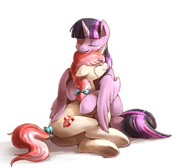 Size: 1022x970 | Tagged: safe, artist:audrarius, twilight sparkle, oc, oc:heart mender, alicorn, pony, g4, canon x oc, crying, cuddling, female, hug, lesbian, mare, snuggling, twilight sparkle (alicorn), underhoof, winghug