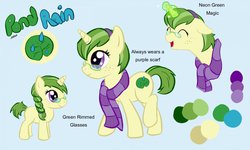 Size: 1024x613 | Tagged: safe, oc, oc only, oc:pond rain, pony, unicorn, adoptable, blue background, clothes, female, filly, floppy ears, glasses, hairband, lilypad, magic, open mouth, raised leg, reference sheet, scarf, simple background, smiling, solo