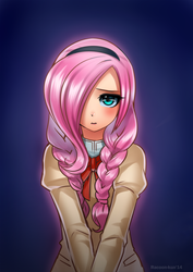 Size: 600x849 | Tagged: safe, artist:racoonsan, fluttershy, human, g4, alternate hairstyle, braid, crossover, female, hair over one eye, humanized, long hair, puella magi madoka magica, solo