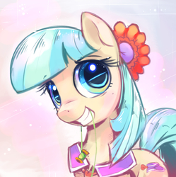 Size: 896x900 | Tagged: safe, artist:gsphere, coco pommel, earth pony, pony, g4, cocobetes, cute, featured image, female, grin, looking at you, mare, mouth hold, portrait, smiling, solo, squee, thread
