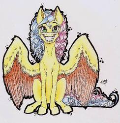 Size: 453x465 | Tagged: safe, artist:lostthekiller, oc, oc only, oc:slashia, pegasus, pony, curls, sitting, smiling, solo