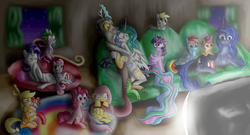 Size: 1300x700 | Tagged: safe, artist:notaguitarfret, apple bloom, applejack, derpy hooves, discord, fluttershy, pinkie pie, princess celestia, princess luna, rainbow dash, rarity, scootaloo, spike, sweetie belle, twilight sparkle, alicorn, pony, g4, couch, cutie mark crusaders, fainting couch, female, male, mane seven, mane six, mare, movie night, popcorn, prone, scared, ship:dislestia, shipping, straight, television, twilight sparkle (alicorn)