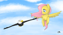 Size: 1157x648 | Tagged: safe, artist:wings-dragon, fluttershy, bald eagle, eagle, g4, cloud, cloudy, female, flying, smiling, solo