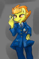 Size: 1000x1500 | Tagged: safe, artist:macheteponies, spitfire, anthro, g4, badge, clothes, dress uniform, female, lip bite, solo, uniform, wonderbolts dress uniform, wonderbolts uniform