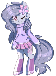 Size: 687x934 | Tagged: dead source, safe, artist:suzuii, oc, oc only, pony, semi-anthro, bipedal, clothes, solo, sweater, wink