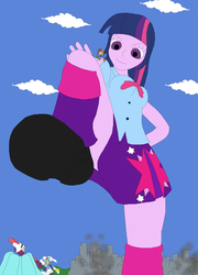 Size: 1700x2358 | Tagged: safe, artist:final7darkness, twilight sparkle, equestria girls, g4, bowtie, city, clothes, crush fetish, destruction, giantess, macro, mega man (series), request, requested art, skirt, stomp, stomping