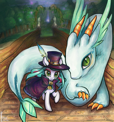 Size: 750x800 | Tagged: safe, artist:mirululu, oc, oc only, oc:minty breathe, oc:turquiose scale, oc:turquoise scale, dragon, pony, unicorn, cape, claws, clothes, duo, female, hat, hooves, horns, looking at you, mare, quill, raised hoof