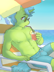 Size: 1050x1400 | Tagged: safe, artist:the-rasp-b, oc, oc only, anthro, anthro oc, beach, drink, solo, sunglasses