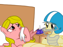 Size: 2048x1536 | Tagged: safe, artist:proponypal, fluttershy, oc, oc:typhoon, g4, cold, fetish, flu, football helmet, handkerchief, helmet, mucus, nose blowing, red nosed, sick, sneezing, sneezing fetish, snot, tissue, tissue box