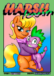 Size: 1240x1748 | Tagged: safe, artist:anibaruthecat, ms. harshwhinny, spike, dragon, earth pony, pony, comic:harsh lovin', g4, bedroom eyes, blushing, comic, cougar, cover, cover art, female, frown, hape, hug, implied foalcon, looking at you, male, mare, ship:spikewhinny, sitting, smiling, straight, wide eyes