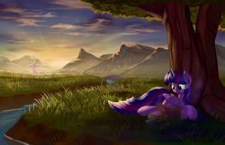 Size: 5100x3300 | Tagged: safe, artist:grennadder, twilight sparkle, alicorn, pony, g4, absurd resolution, backlighting, book, female, grass, long tail, lying, mare, mountain, outdoors, reading, scenery, scenery porn, solo, sunrise, tail, tree, twilight sparkle (alicorn)