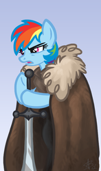 Size: 426x725 | Tagged: safe, artist:blackfeathr, rainbow dash, g4, a song of ice and fire, brace yourselves, crossover, eddard stark, game of thrones, ponified, winter is coming