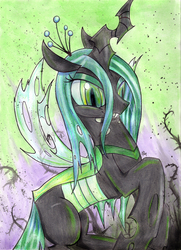 Size: 1573x2176 | Tagged: safe, artist:visoris, queen chrysalis, changeling, changeling queen, g4, crown, female, jewelry, regalia, solo, traditional art