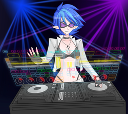 Size: 1282x1136 | Tagged: safe, artist:jonfawkes, dj pon-3, vinyl scratch, human, g4, dj table, elf ears, female, humanized, solo, turntable