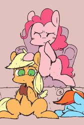 Size: 969x1444 | Tagged: safe, artist:gmrqor, applejack, pinkie pie, rainbow dash, g4, apple, hatless, missing accessory, sleeping