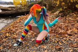 Size: 960x640 | Tagged: safe, artist:stunnerstatus, rainbow dash, human, g4, clothes, cosplay, irl, irl human, photo, rainbow socks, socks, striped socks