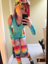 Size: 1536x2048 | Tagged: safe, artist:stunnerstatus, rainbow dash, human, g4, clothes, cosplay, irl, irl human, photo, rainbow socks, socks, striped socks