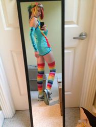 Size: 1536x2048 | Tagged: safe, artist:stunnerstatus, rainbow dash, human, g4, clothes, cosplay, irl, irl human, photo, rainbow socks, socks, striped socks