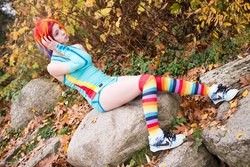 Size: 1600x1068 | Tagged: safe, artist:stunnerstatus, rainbow dash, human, g4, clothes, cosplay, irl, irl human, photo, rainbow socks, socks, striped socks