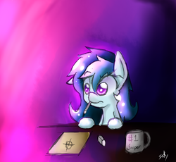 Size: 978x900 | Tagged: dead source, safe, artist:inkytophat, oc, oc only, pony, mouth hold, mug, pencil, solo