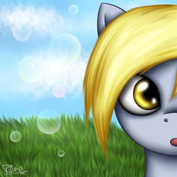 Size: 1800x1800 | Tagged: safe, artist:puggie, derpy hooves, pegasus, pony, g4, avatar, bubble, cross-eyed, female, grass, icon, mare, open mouth, portrait, sky, solo, wide eyes