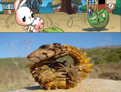 Size: 810x614 | Tagged: safe, artist:amy mebberson, idw, angel bunny, gummy, alligator, armadillo lizard, lizard, rabbit, reptile, g4, spoiler:comic, spoiler:comic23, animal, comic, derp, irl, mouth hold, photo, saddle bag, tail in mouth, wat, wheelplant