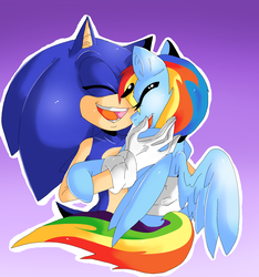 Size: 4472x4784 | Tagged: safe, artist:angachan, rainbow dash, g4, absurd resolution, crossover, eyes closed, hug, male, open mouth, smiling, sonic the hedgehog, sonic the hedgehog (series)