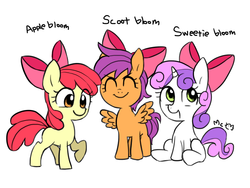Size: 800x600 | Tagged: safe, artist:bartolomeus_, apple bloom, scootaloo, sweetie belle, earth pony, pegasus, pony, unicorn, g4, ^^, adorabloom, apple bloom's bow, blank flank, bow, cute, cutealoo, cutie mark crusaders, diasweetes, eyes closed, female, filly, foal, hair bow, raised hoof, signature, simple background, sitting, smiling, spread wings, white background, wings