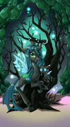 Size: 320x576 | Tagged: safe, artist:bartolomeus_, queen chrysalis, changeling, changeling queen, nymph, g4, changeling slime, crown, cuteling, empress, female, jewelry, looking at you, mommy chrissy, regalia, tarot card, tree